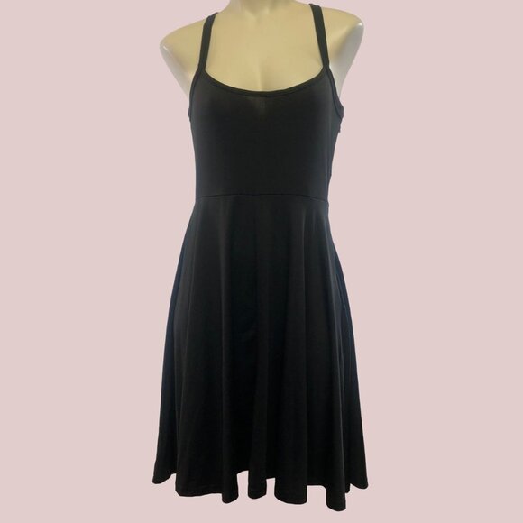 Black Dress With Cross Back Straps Flared Skirt - Picture 2 of 6